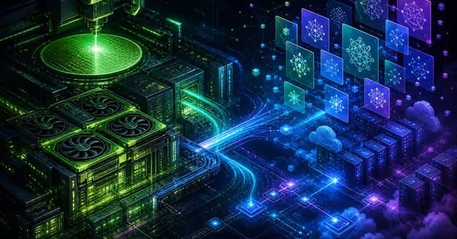 Ilustração de uma fábrica de GPUs conectada a servidores e repositórios de modelos de IA