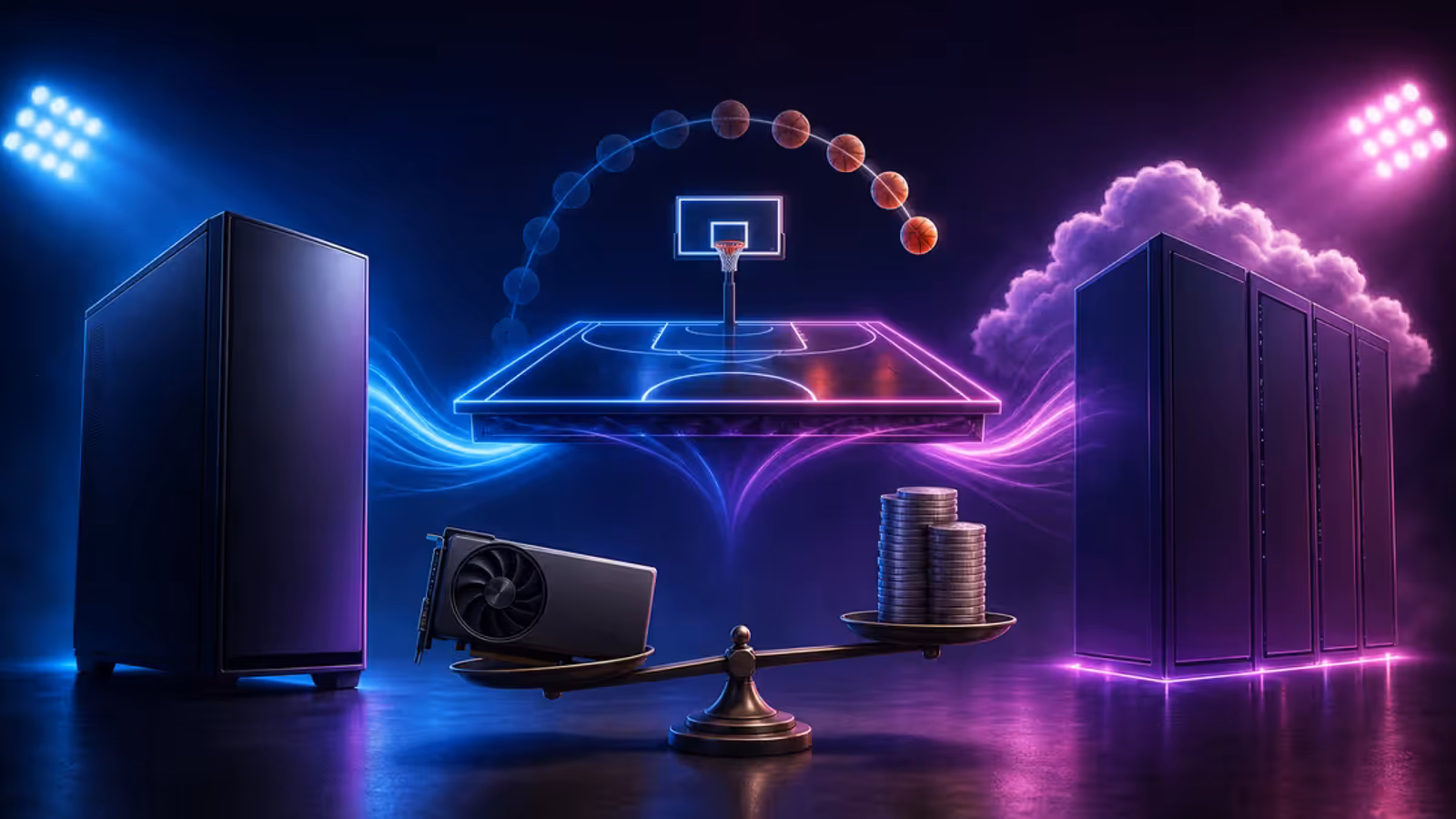 Ilustração editorial compara PC gamer, GPUs na nuvem e custo de hardware na geração de quadros por IA em um jogo de basquete.