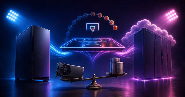 Ilustração editorial compara PC gamer, GPUs na nuvem e custo de hardware na geração de quadros por IA em um jogo de basquete.
