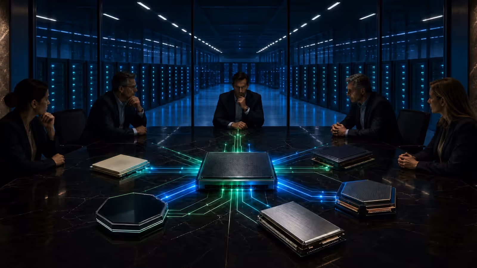 Executivos analisam chips de IA conectados por linhas verdes e azuis diante de racks de data center