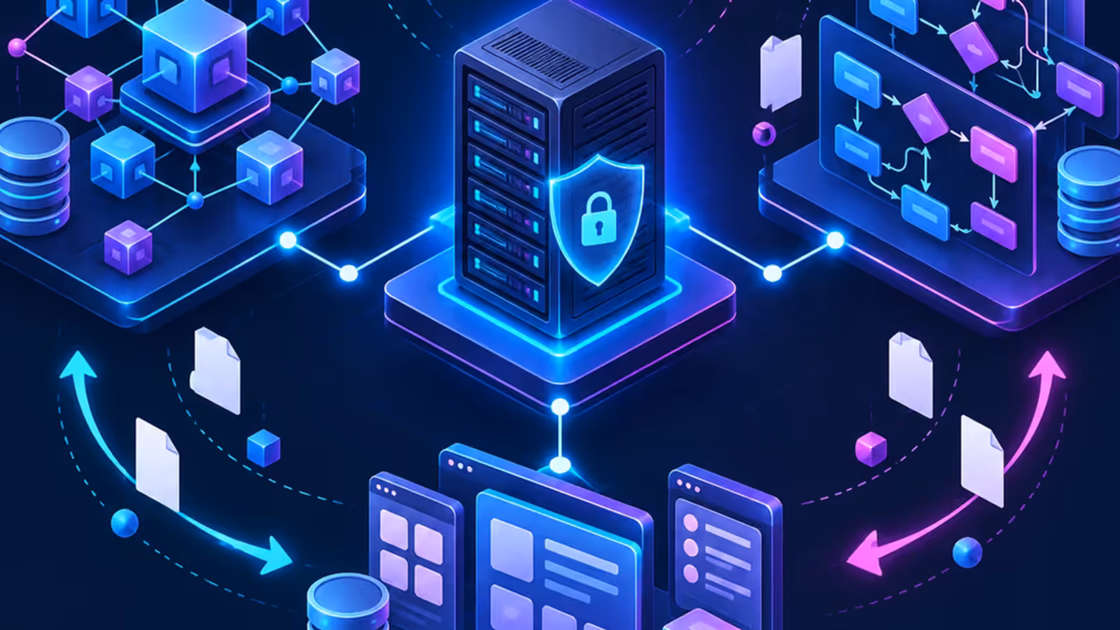 Servidor em VPS conecta três arquiteturas abstratas de ERP, bancos de dados, fluxos de documentos e backup externo.