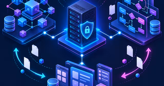 Servidor em VPS conecta três arquiteturas abstratas de ERP, bancos de dados, fluxos de documentos e backup externo.