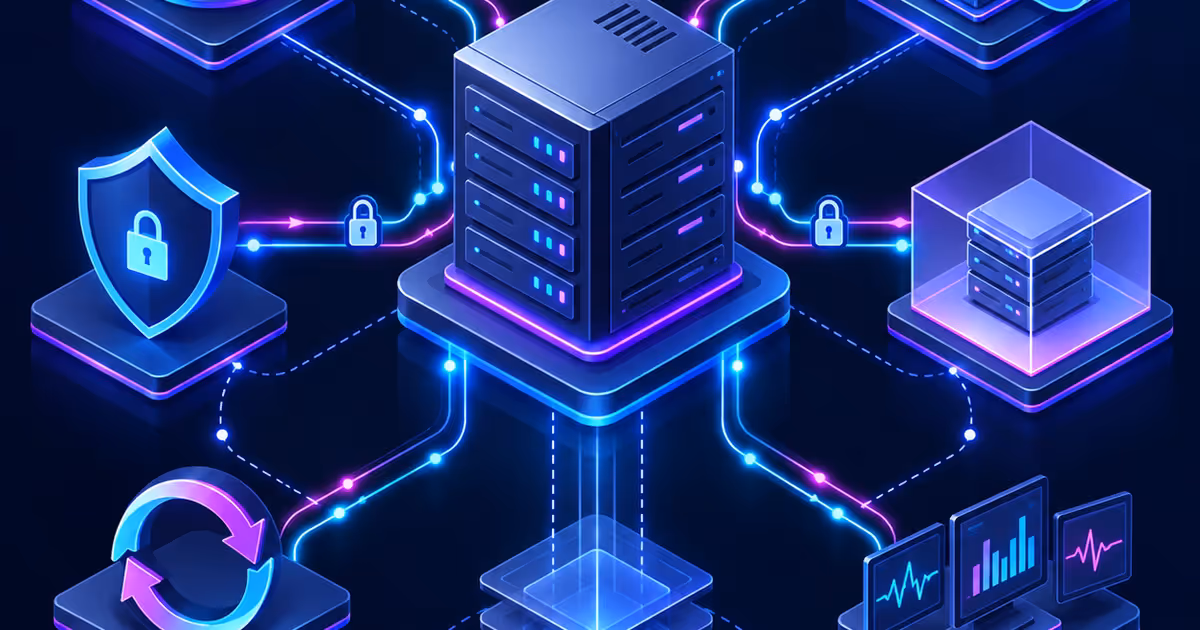 Servidor e banco de dados conectam backup externo, restauração, HTTPS, atualização e monitoramento operacional.