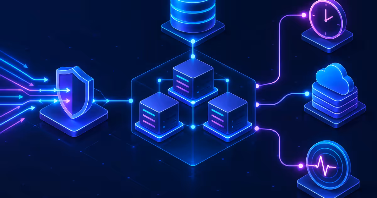 Arquitetura de ERP em VPS com aplicação, banco, proxy, tarefas agendadas, storage e monitoramento.