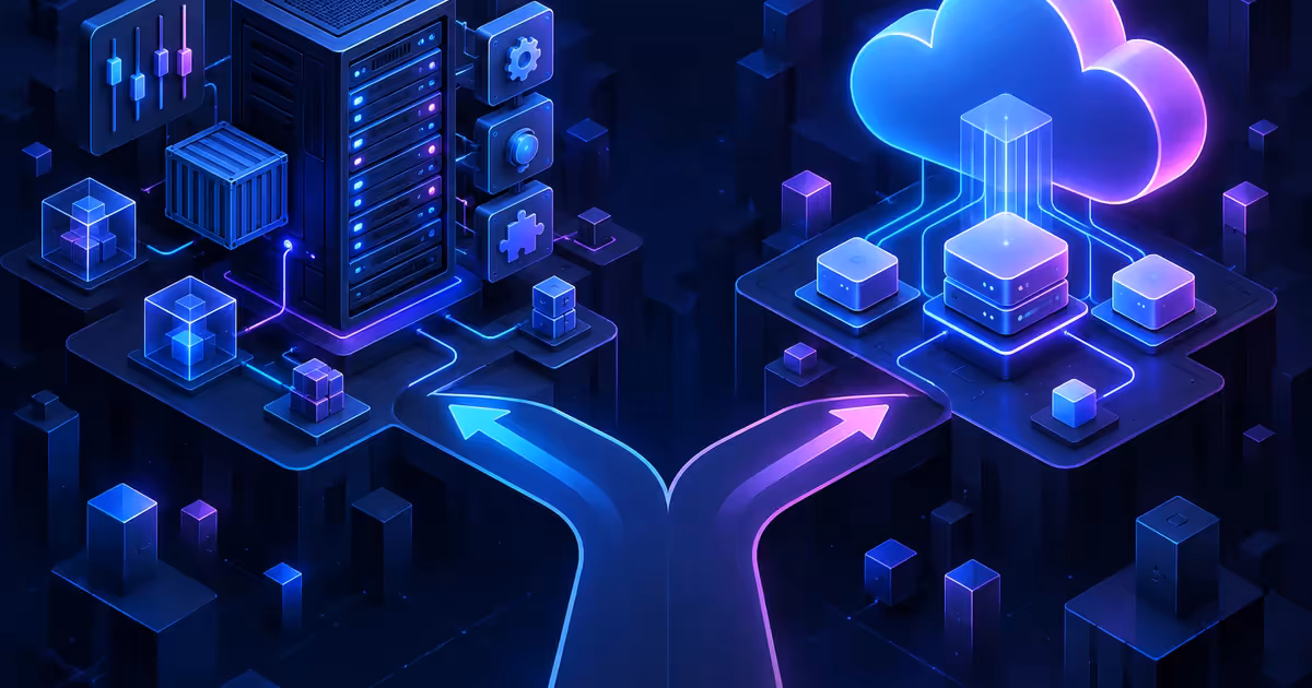 Comparação visual entre uma plataforma self-hosted modular e um serviço gerenciado em nuvem.