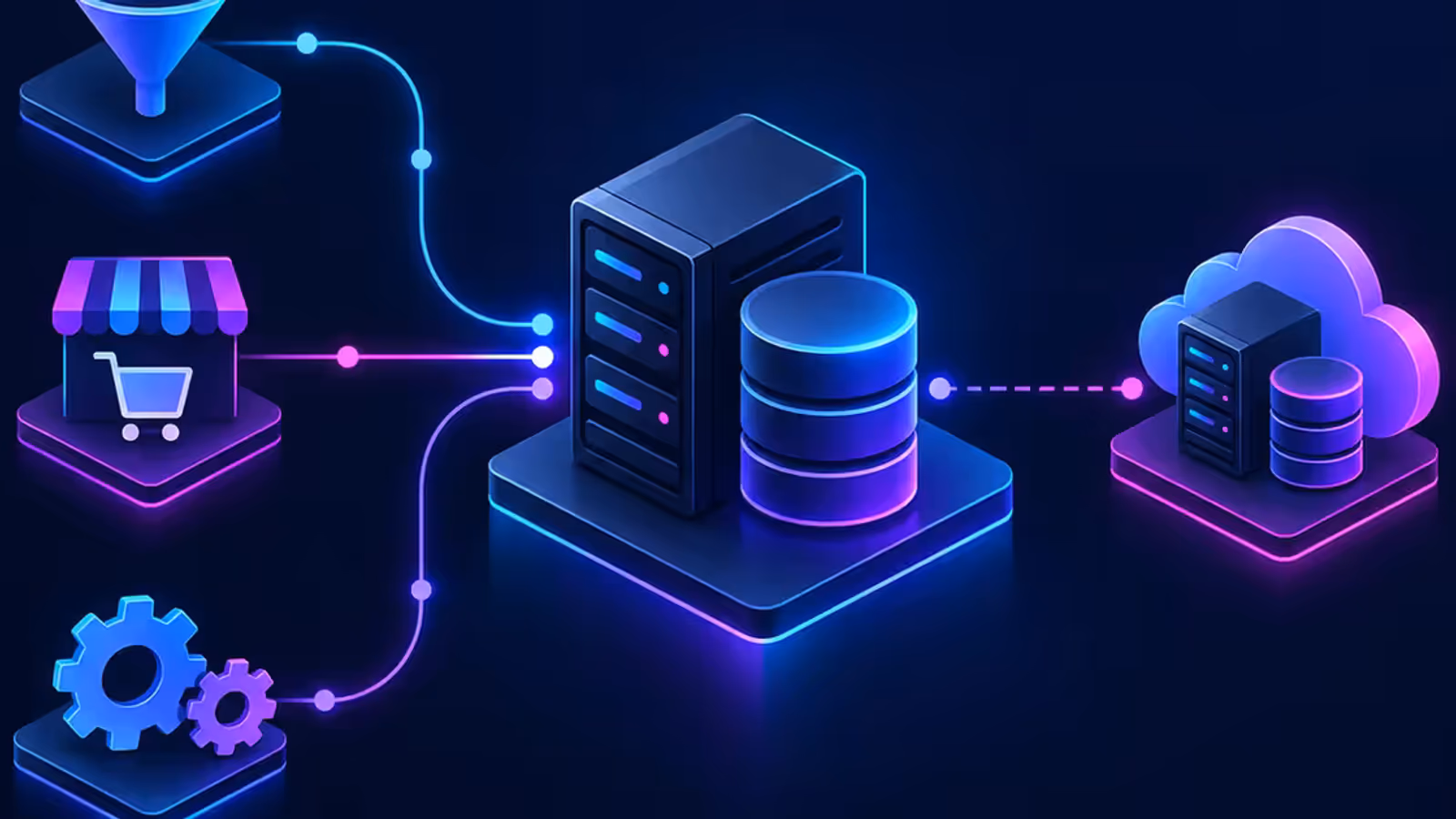 Ilustração de leads, pedidos e operação convergindo para um ERP em VPS com backup externo.