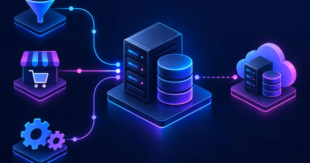 Ilustração de leads, pedidos e operação convergindo para um ERP em VPS com backup externo.