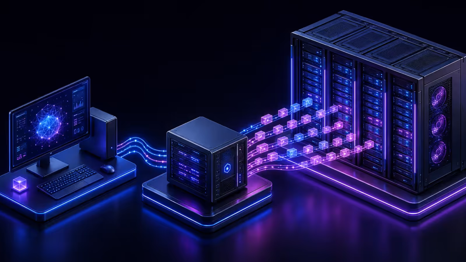 Ilustração compara uma estação desktop, um servidor de automação e um rack de GPU para LLM local