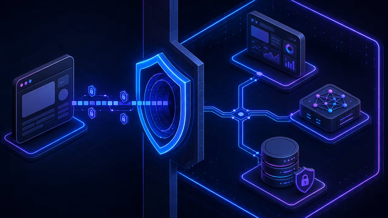 Diagrama de arquitetura em que o acesso à interface de LLM passa por um gateway protegido antes do endpoint privado e do armazenamento