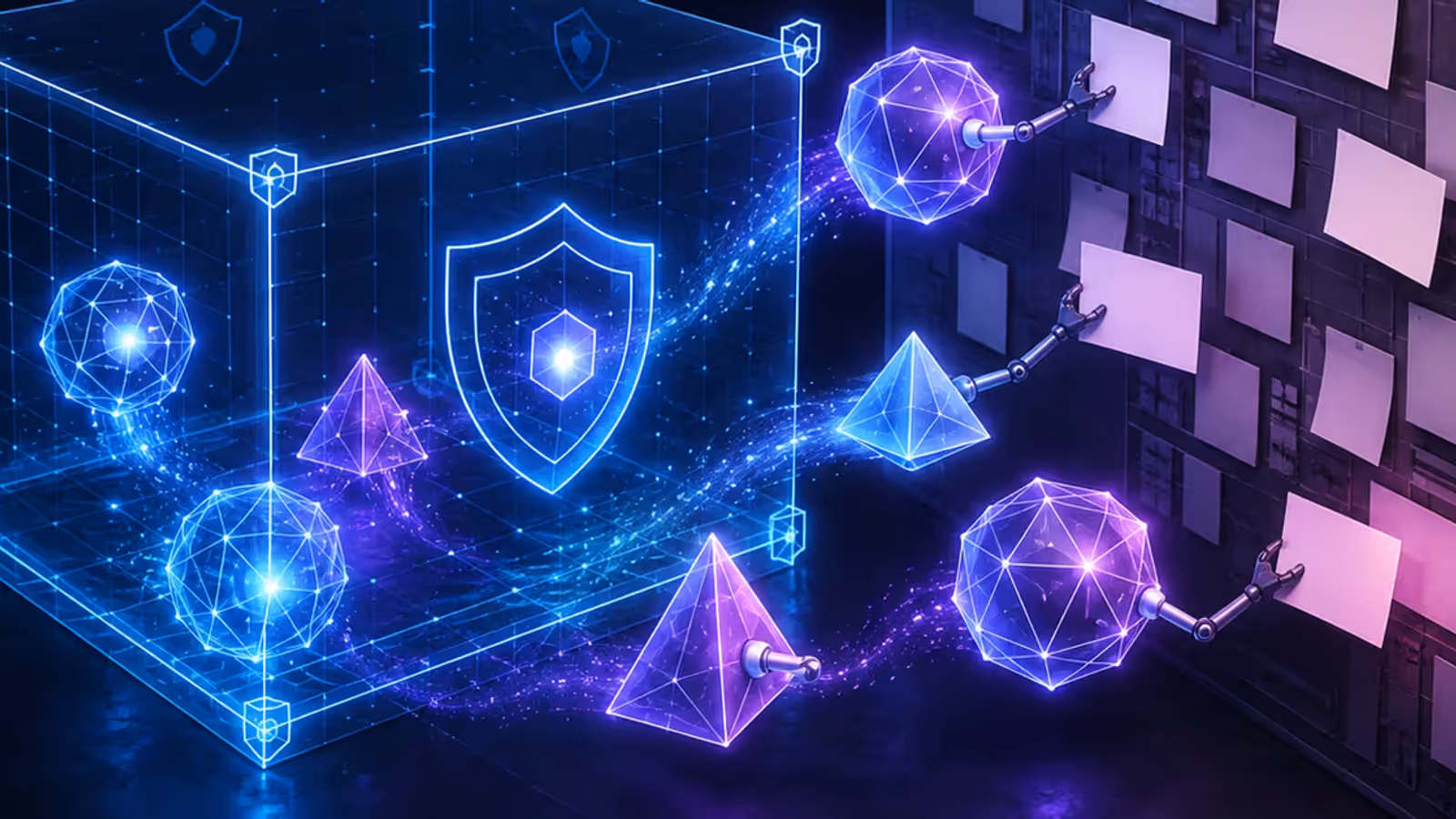 Ilustração de agentes de IA saindo de um sandbox e registrando notas em uma wiki pública