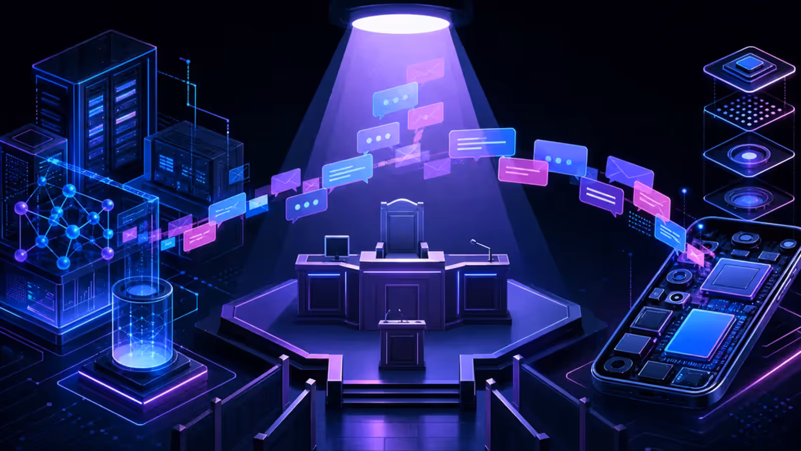 Ilustração de tribunal tecnológico com mensagens entre laboratório de IA e protótipo de smartphone