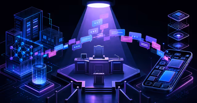Ilustração de tribunal tecnológico com mensagens entre laboratório de IA e protótipo de smartphone