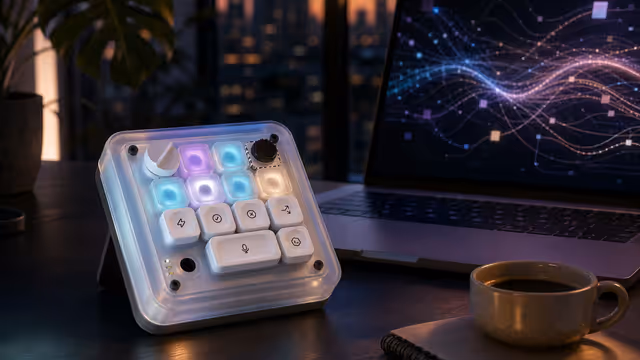 Ilustração editorial: teclado de microcontrolador da OpenAI com teclas para agentes de IA
