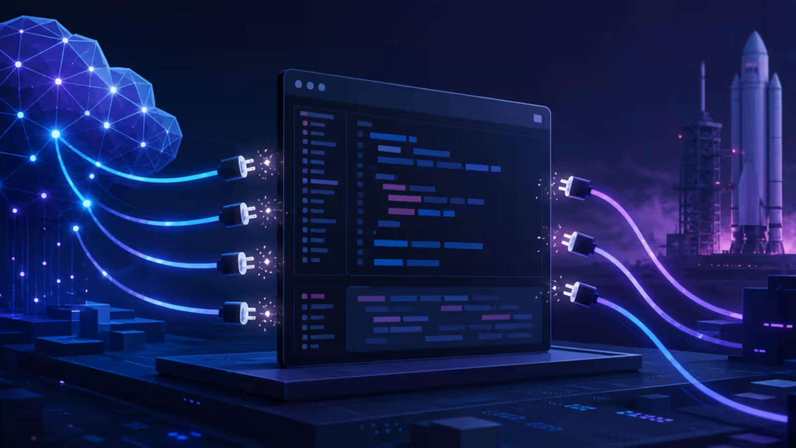 Editor de código entre cabos de modelos de IA desconectados e um foguete ao fundo.