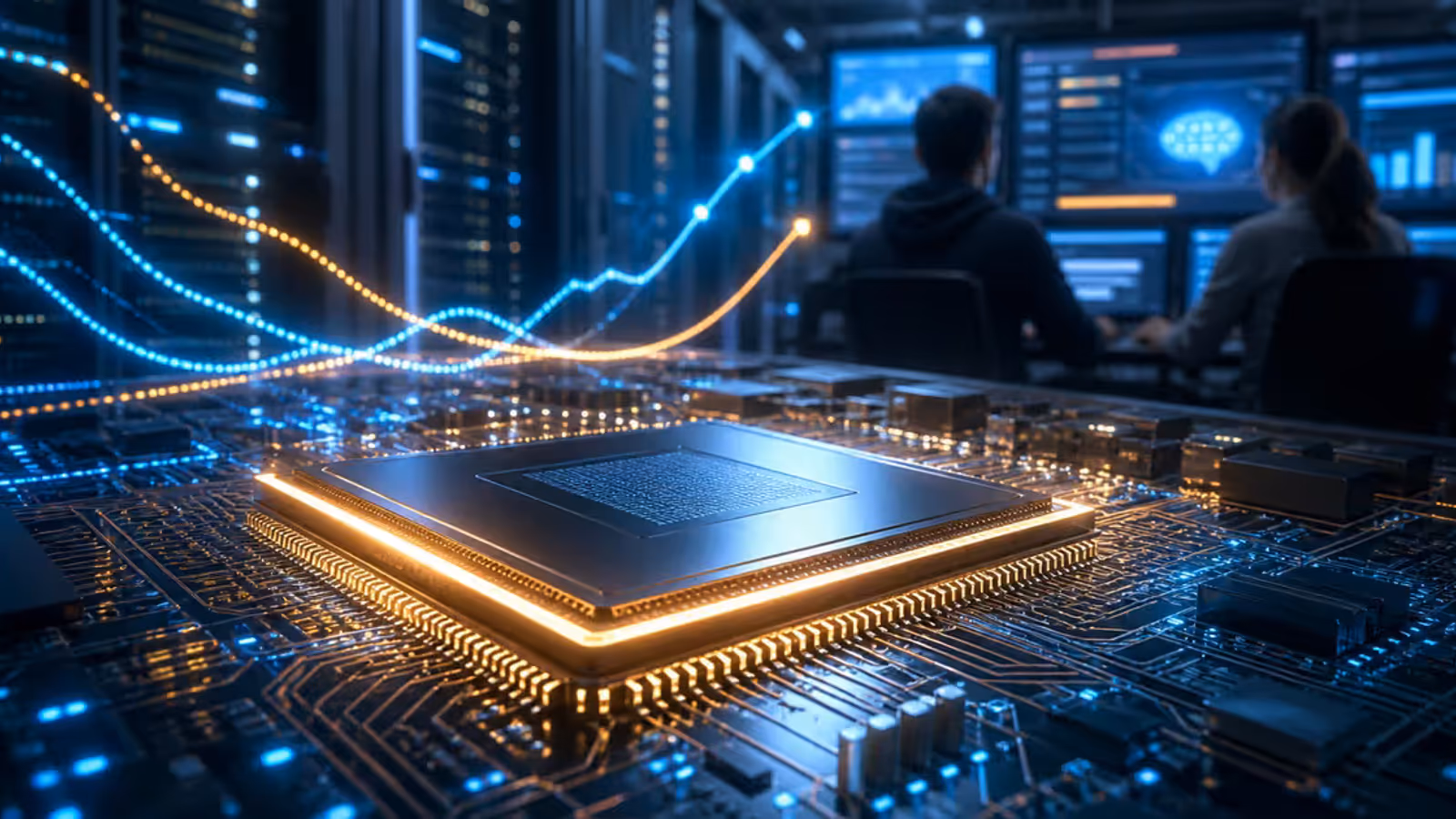 Chip de inferência de IA em destaque sobre placa eletrônica, com data center e painéis de desempenho ao fundo