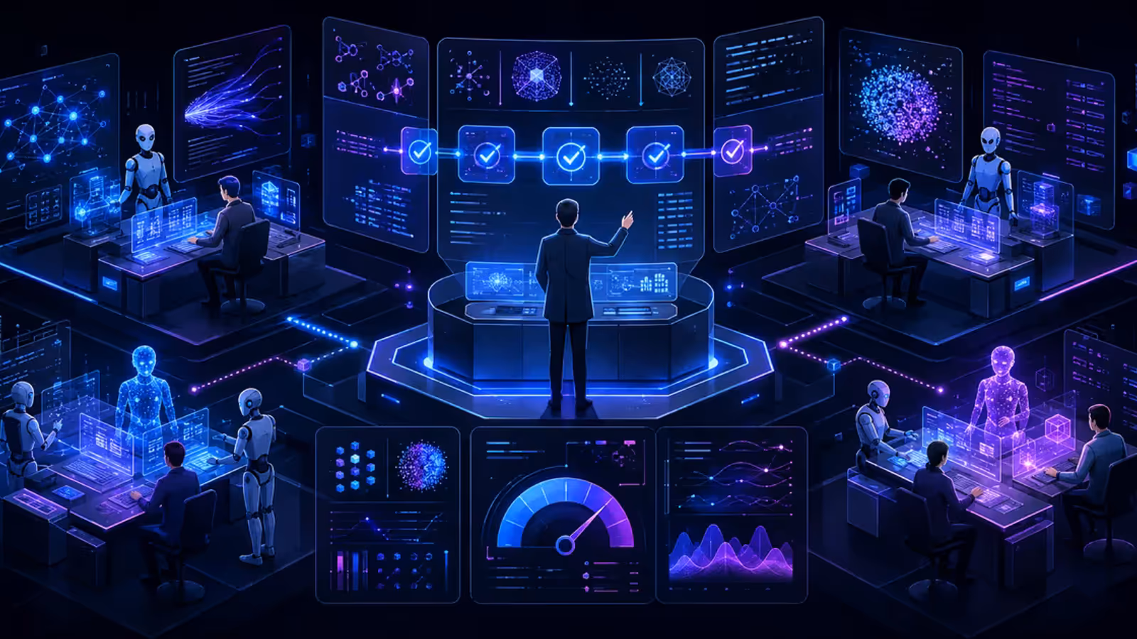 Pesquisador humano supervisiona agentes de IA em laboratório com experimentos paralelos e medidor de custo computacional