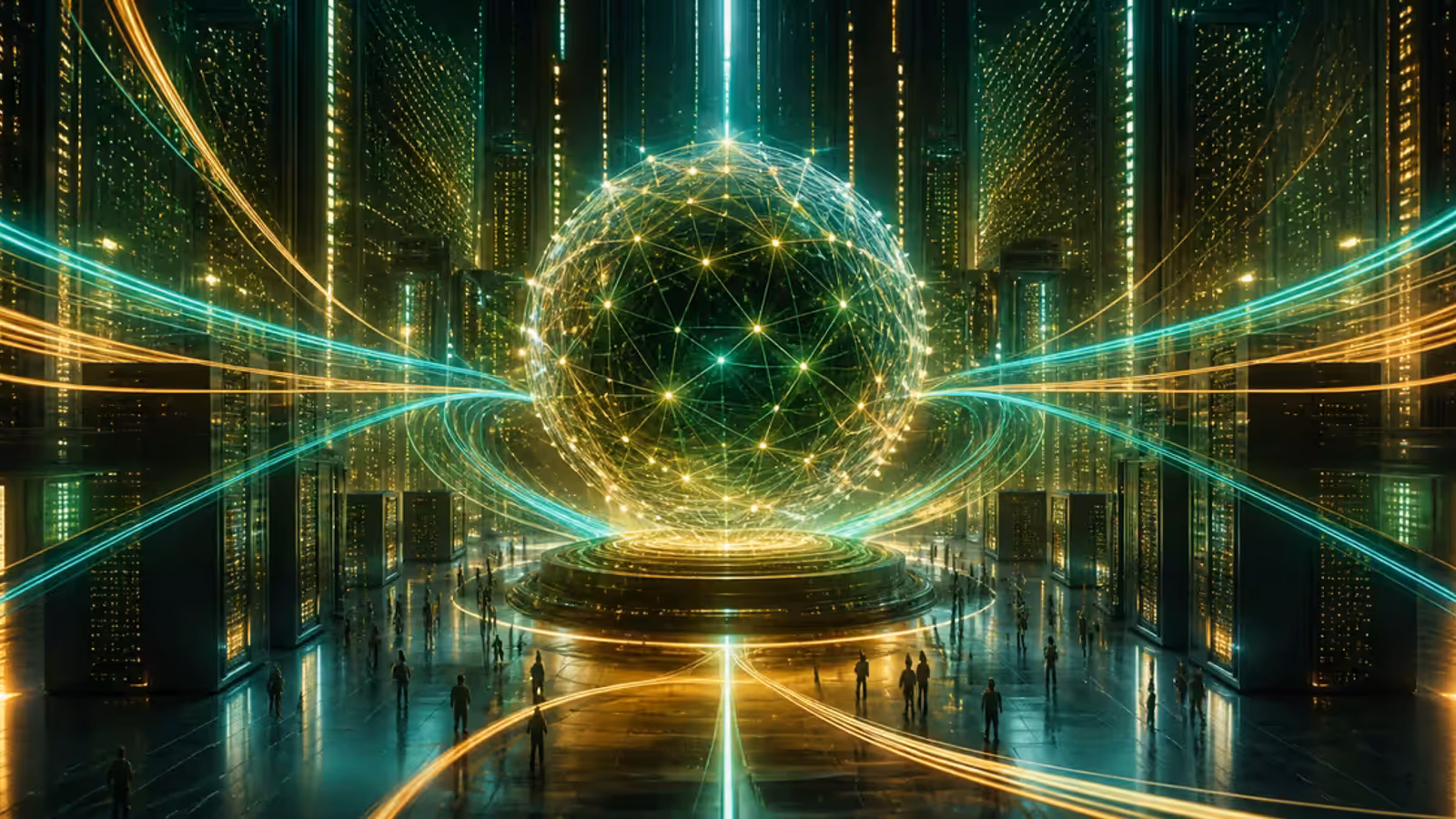 Núcleo de inteligência artificial conectado a servidores e fluxos de dados em alta velocidade