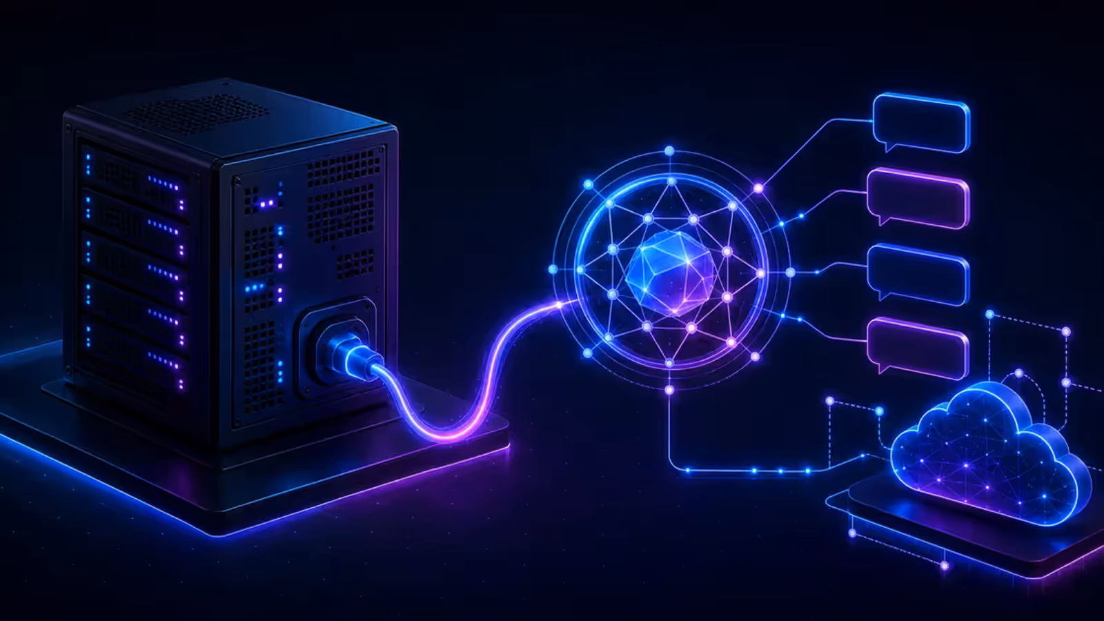 Servidor VPS alimentando um agente de IA conectado a mensagens e API externa na nuvem