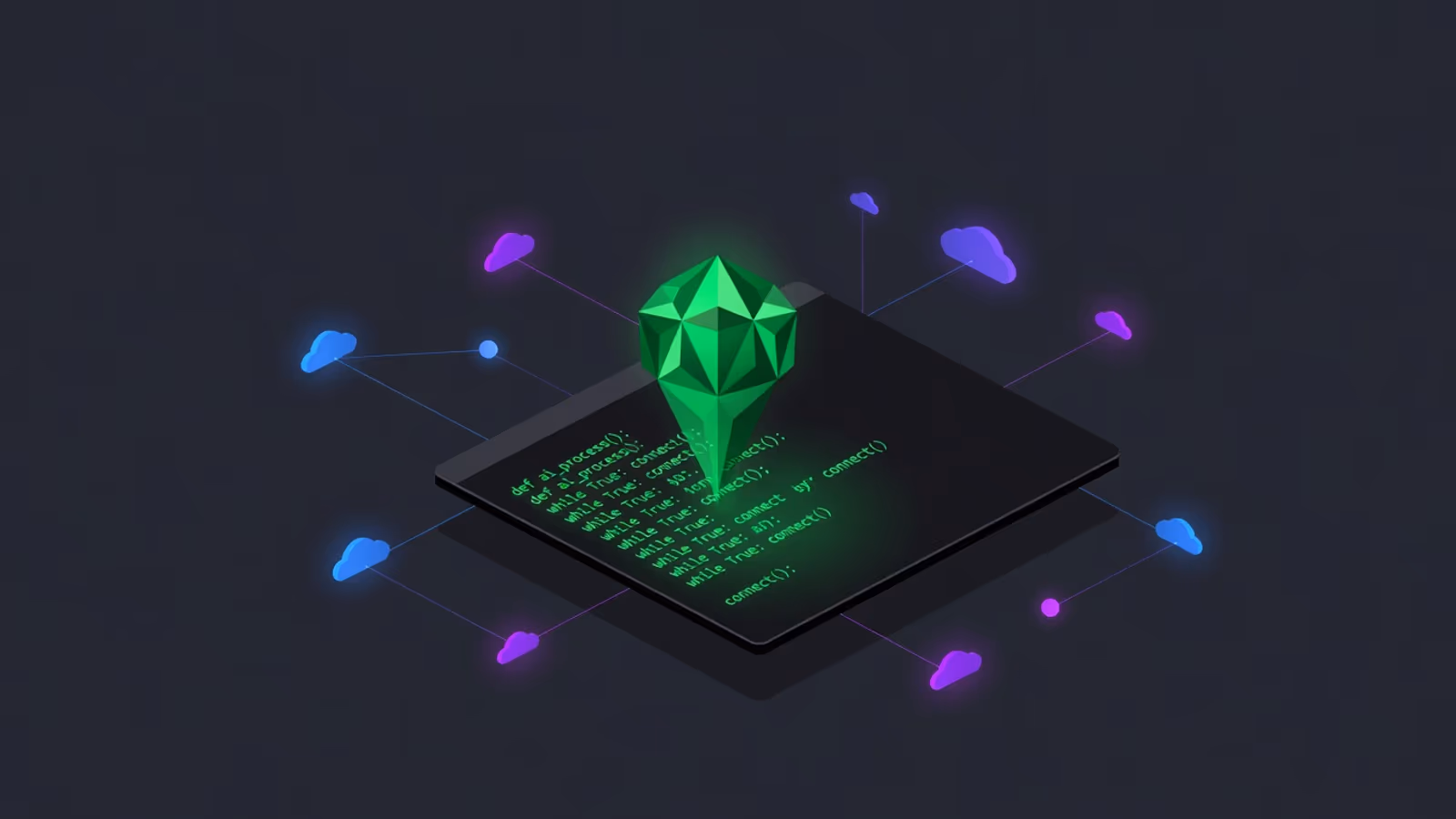 Ilustração editorial: terminal escuro com código verde neon fluindo, agente AI emergindo como forma geométrica abstrata conectada a múltiplos provedores de nuvem representados por orbes coloridos. Estilo tech publication moderno.