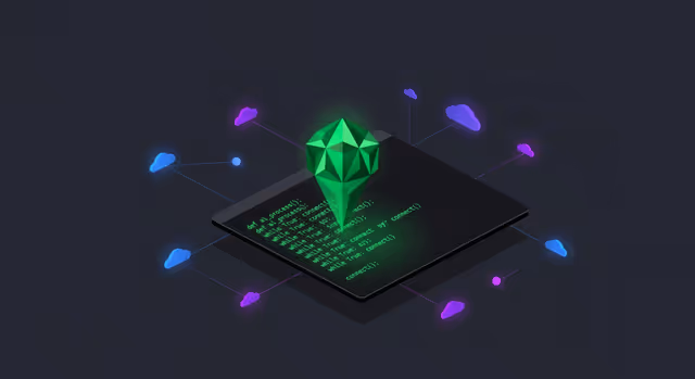 Ilustração editorial: terminal escuro com código verde neon fluindo, agente AI emergindo como forma geométrica abstrata conectada a múltiplos provedores de nuvem representados por orbes coloridos. Estilo tech publication moderno.