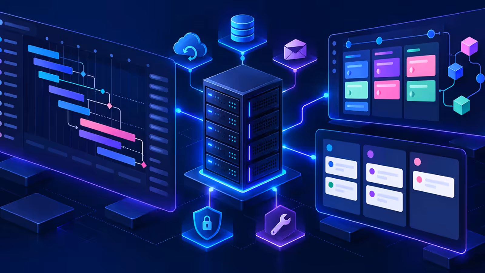 Servidor VPS conectado a três painéis abstratos de gestão de projetos, com cronograma, quadro ágil e Kanban.