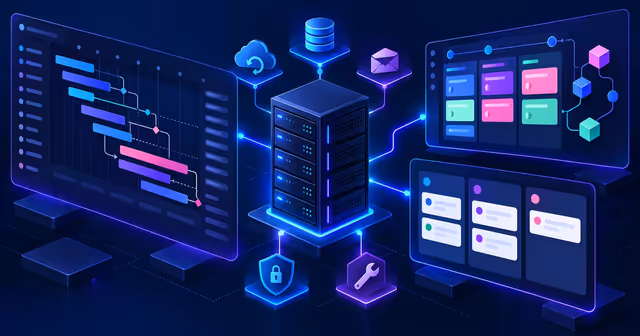Servidor VPS conectado a três painéis abstratos de gestão de projetos, com cronograma, quadro ágil e Kanban.