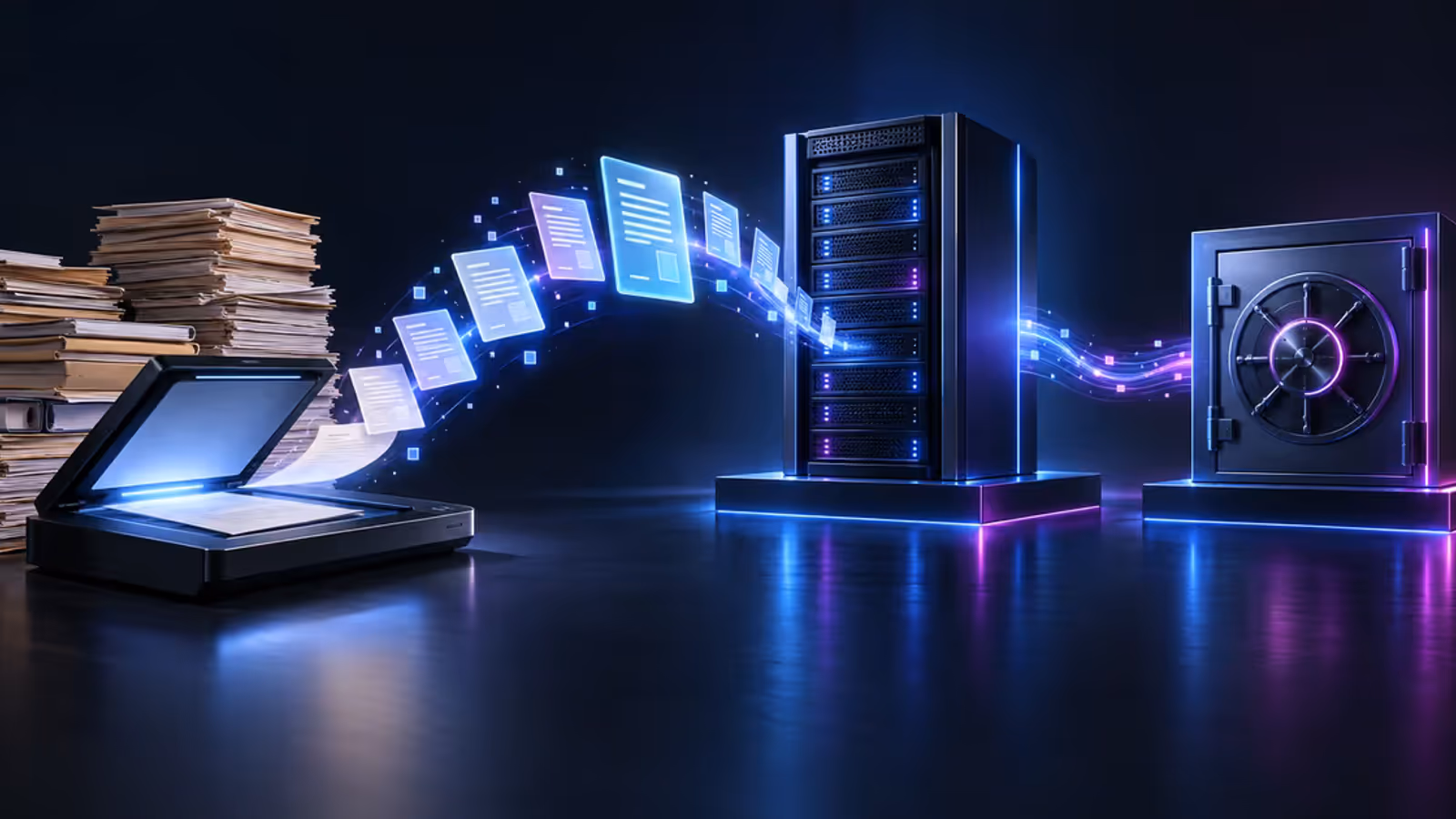 Ilustração de documentos digitalizados em uma VPS com cópia externa de backup