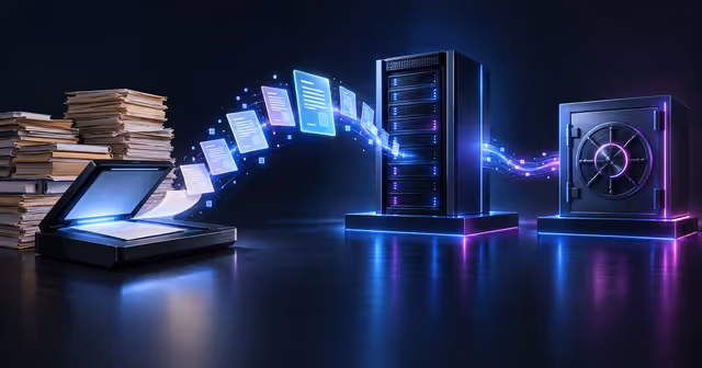 Ilustração de documentos digitalizados em uma VPS com cópia externa de backup