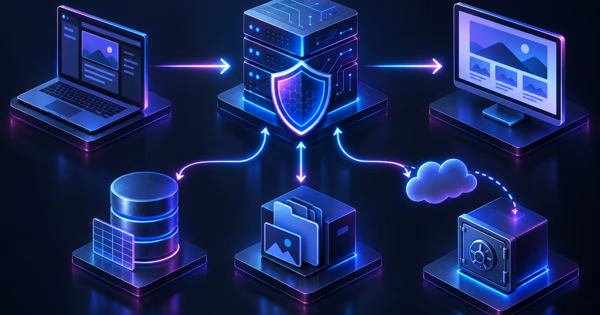 Diagrama de CMS headless em VPS com aplicação, banco, mídia, proxy, backup e frontend.