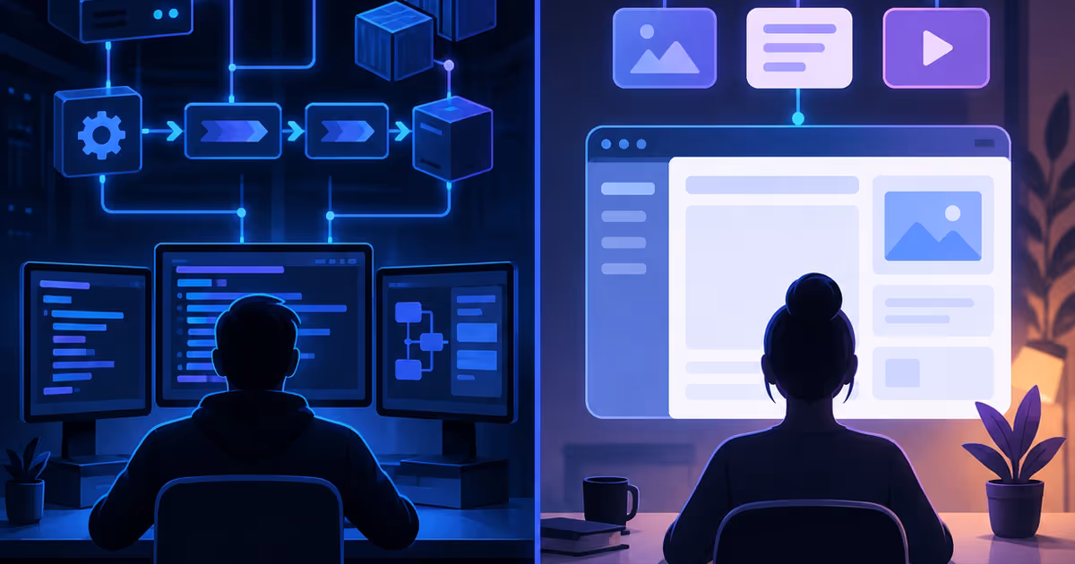 Comparação visual entre uma operação técnica de CMS e uma publicação em serviço gerenciado.