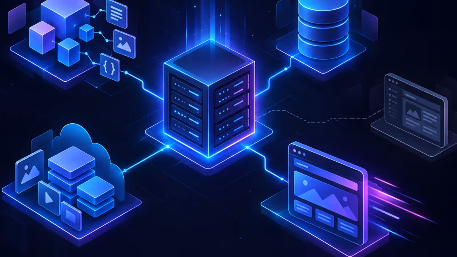 Ilustração de uma VPS conectada ao CMS headless, banco, armazenamento de mídia e frontend.