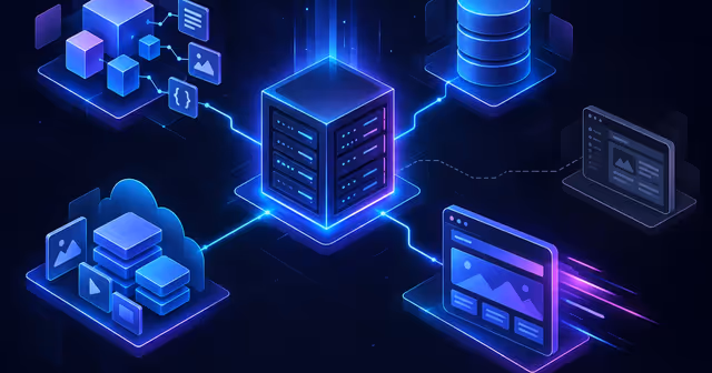Ilustração de uma VPS conectada ao CMS headless, banco, armazenamento de mídia e frontend.
