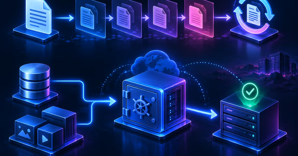 Fluxo visual de versões, restauração de conteúdo e backup de banco e arquivos.