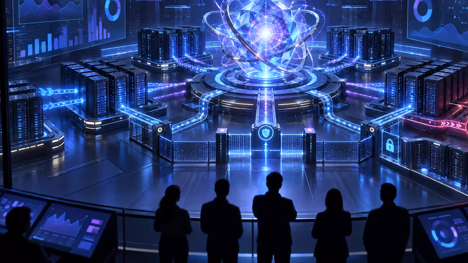 Ilustração de uma inteligência artificial autônoma operando servidores enquanto engenheiros monitoram sistemas de produção à distância.