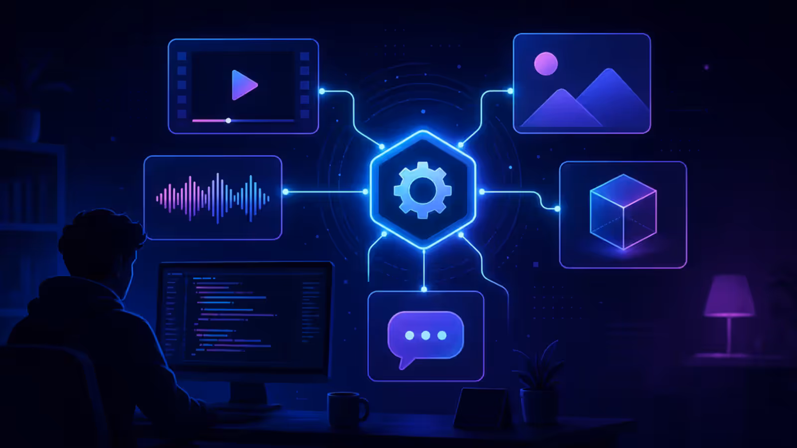 Hub de APIs de IA conectando modelos de vídeo, imagem, áudio, 3D e chat em uma única integração