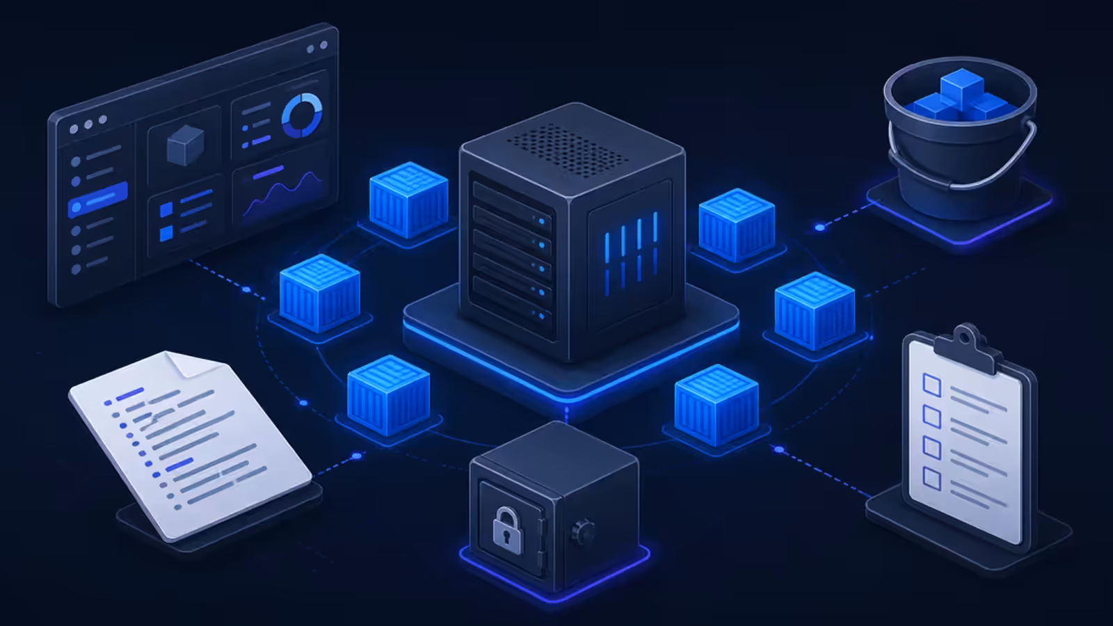 Ilustração isométrica de uma VPS com containers, painel, arquivo Compose, cofre de segredos, backup externo e checklist de restauração