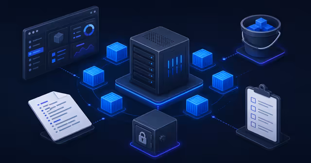 Ilustração isométrica de uma VPS com containers, painel, arquivo Compose, cofre de segredos, backup externo e checklist de restauração