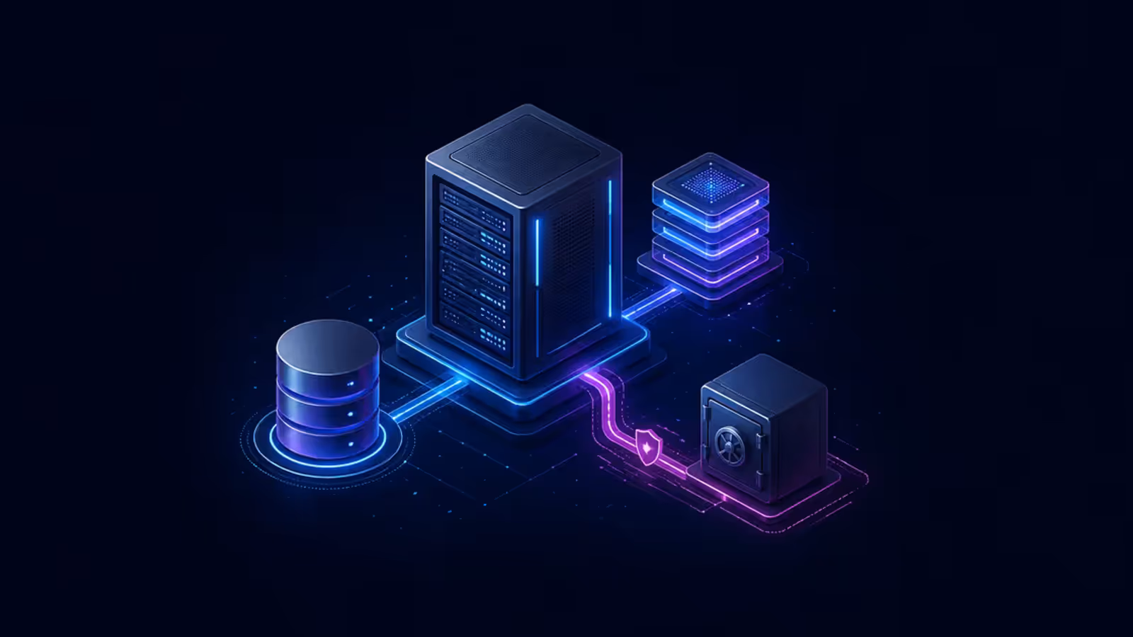 Ilustração de VPS conectada a PostgreSQL, cache em memória e cofre de backup externo