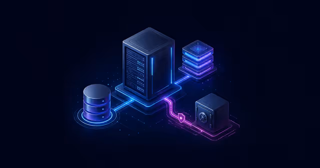 Ilustração de VPS conectada a PostgreSQL, cache em memória e cofre de backup externo