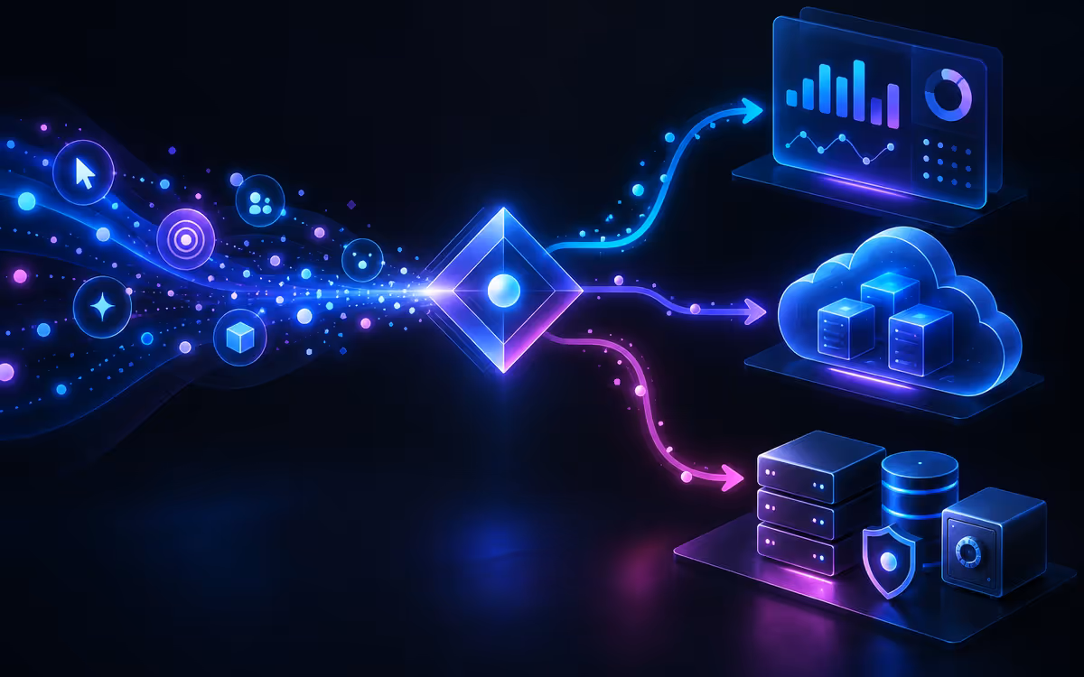 Diagrama de decisão entre analytics web simples, PostHog Cloud e PostHog auto-hospedado conforme necessidade de eventos, infraestrutura e privacidade.