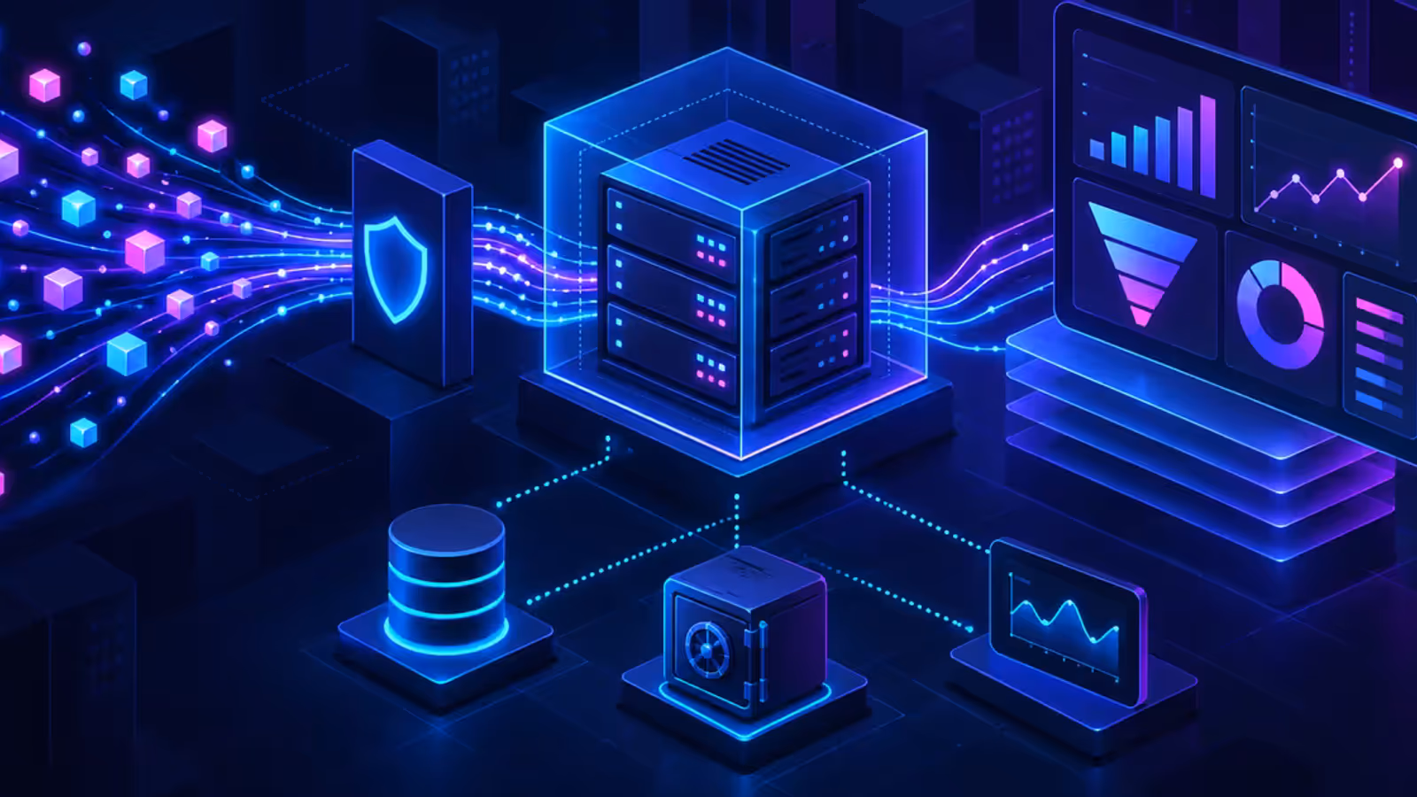 Fluxos de eventos atravessam uma VPS segura e chegam a um painel de analytics, com banco de dados, proxy e backup.