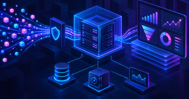 Fluxos de eventos atravessam uma VPS segura e chegam a um painel de analytics, com banco de dados, proxy e backup.