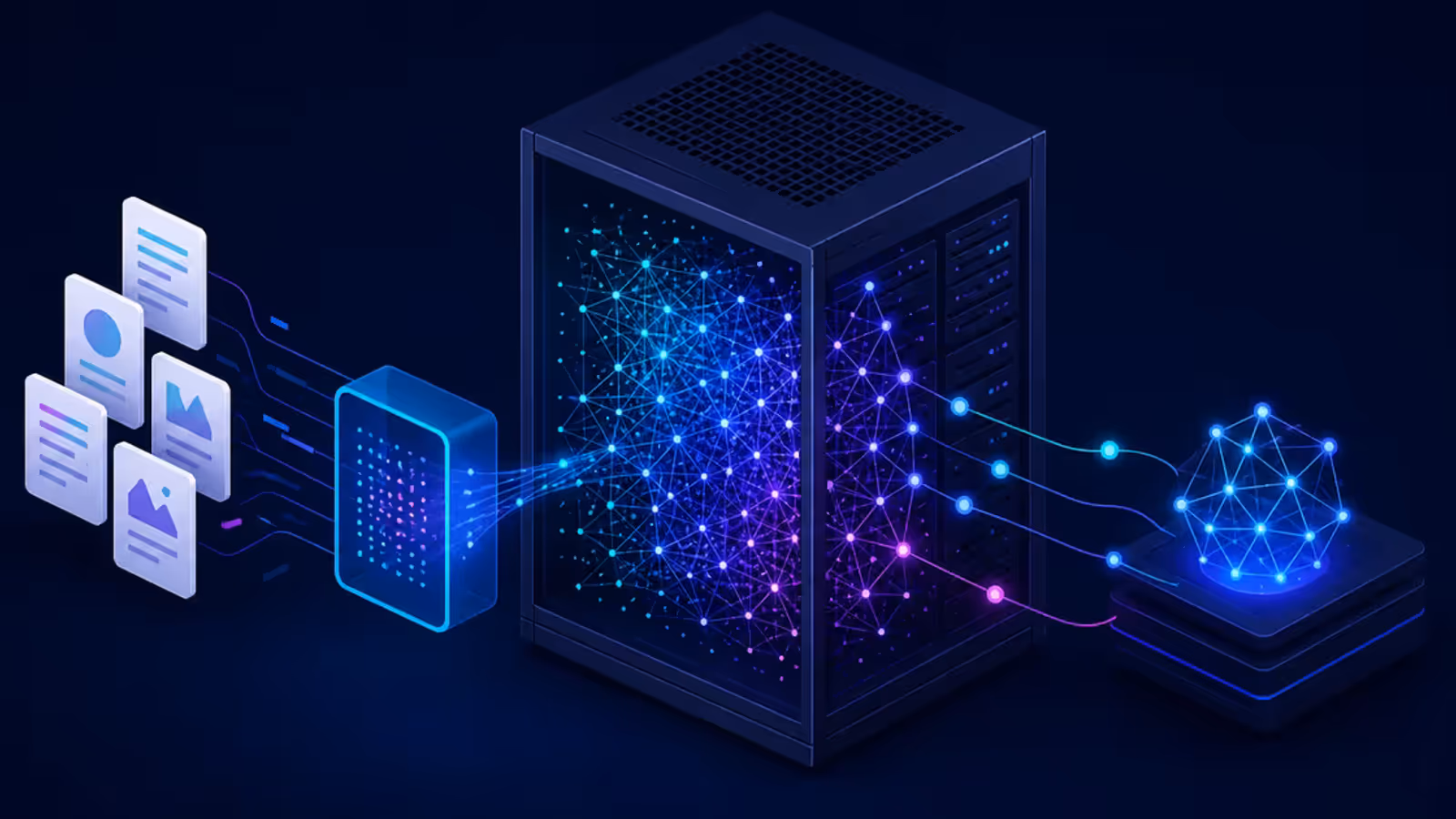 Ilustração isométrica de um rack VPS com banco vetorial em pontos luminosos, documentos entrando no pipeline de embeddings e camada de recuperação