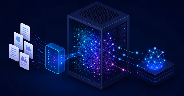 Ilustração isométrica de um rack VPS com banco vetorial em pontos luminosos, documentos entrando no pipeline de embeddings e camada de recuperação