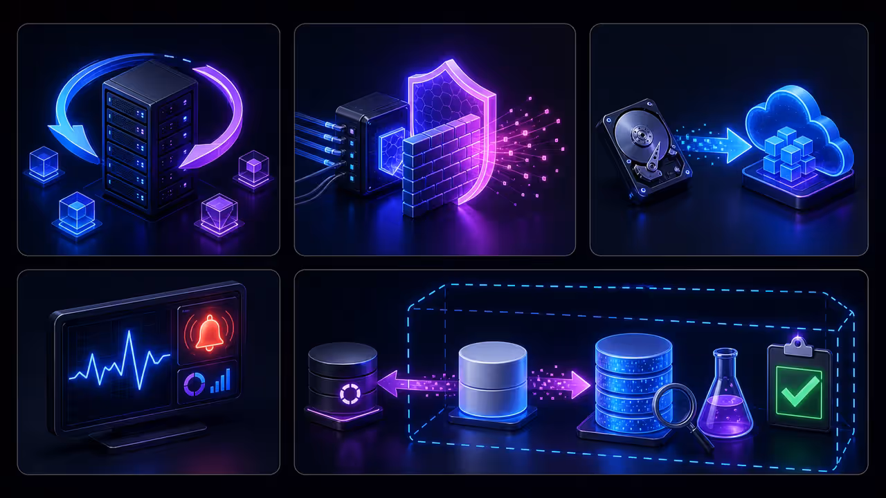 Checklist visual de atualizações, firewall, backup fora do servidor, monitoramento e teste de restauração em ambiente isolado