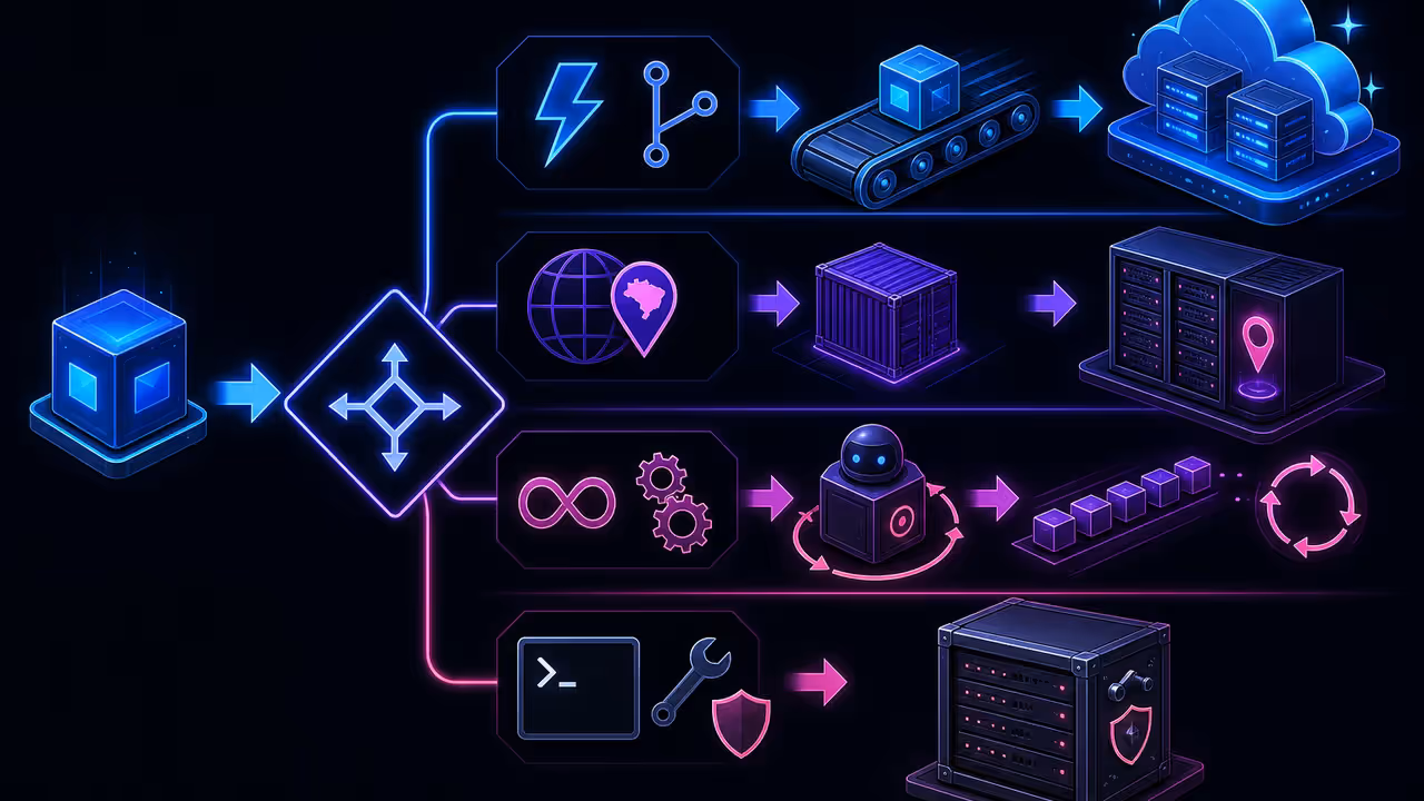 Fluxo visual separa deploy rápido, controle regional, processo persistente e capacidade de operar uma VPS