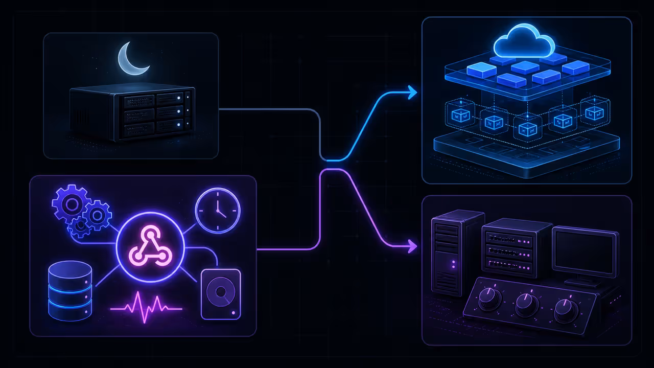 Matriz visual contrasta processo que pode dormir com API, worker, cron e banco que precisam permanecer disponíveis