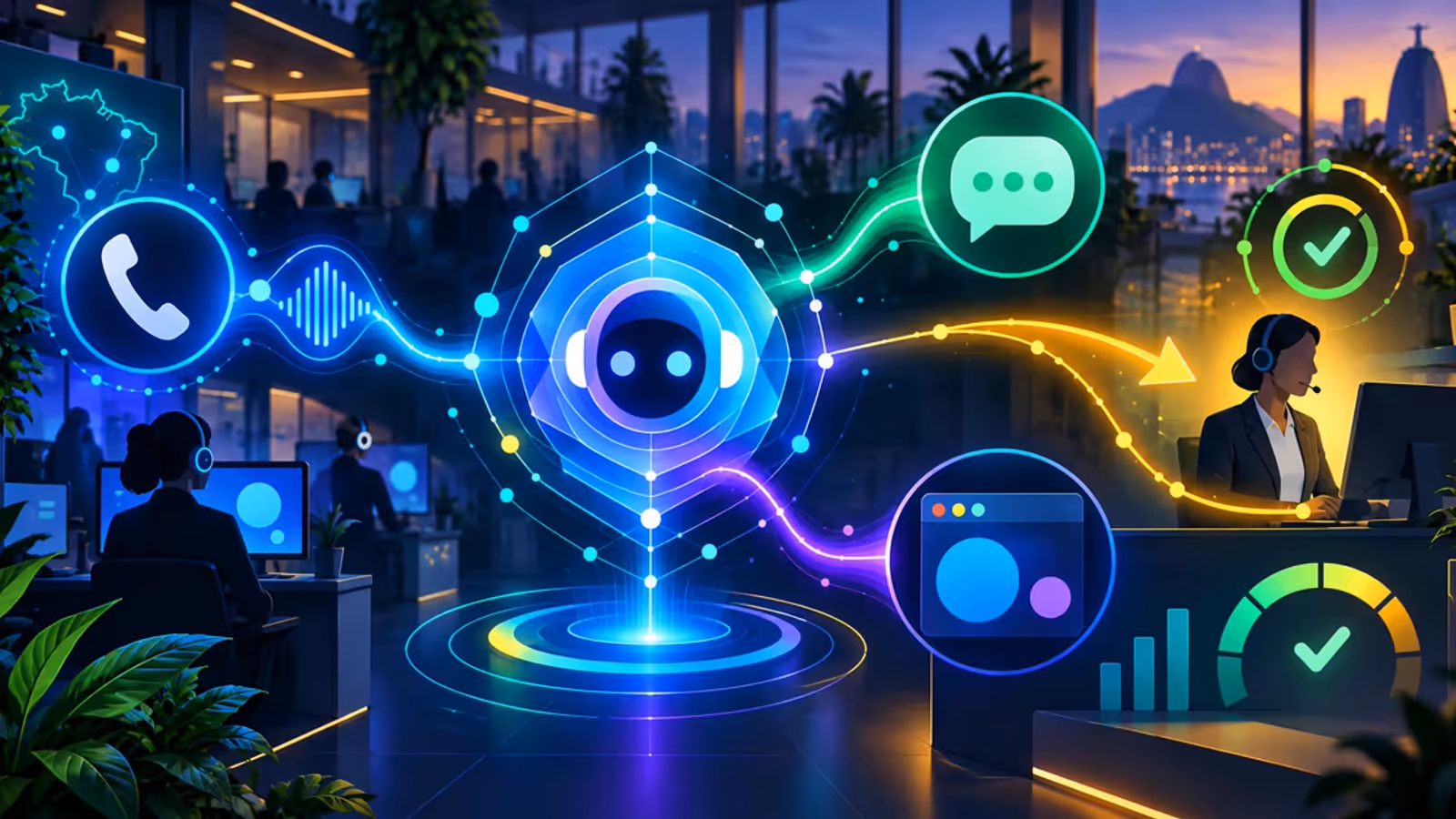 Ilustração de um agente de inteligência artificial conectando telefone, chat, web e atendimento humano no Brasil.