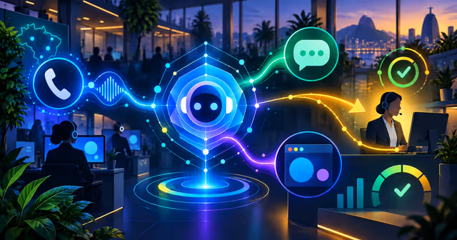 Ilustração de um agente de inteligência artificial conectando telefone, chat, web e atendimento humano no Brasil.