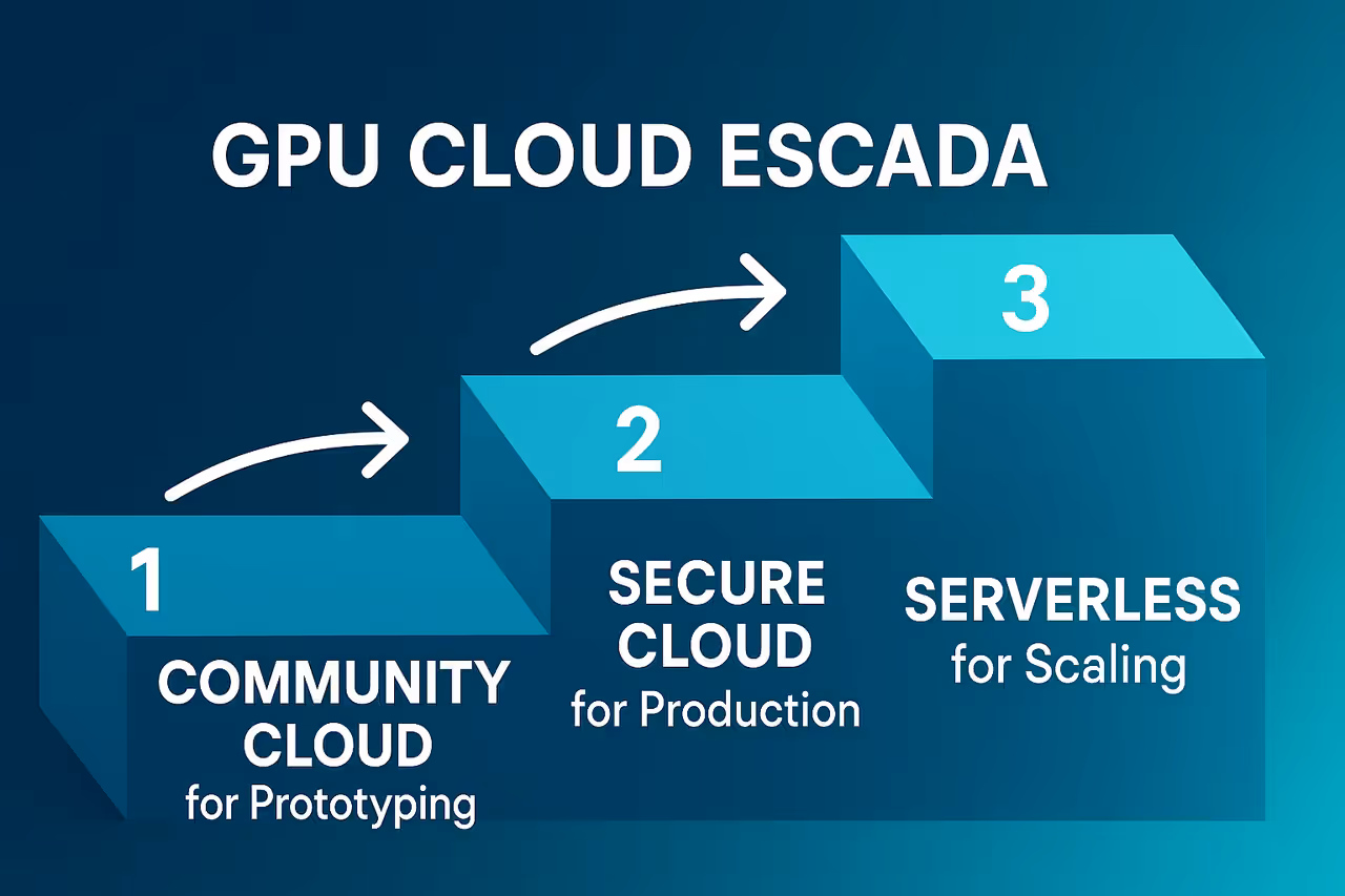 Infográfico mostrando a escada de maturidade em GPU cloud: Community Cloud para prototipagem, Secure Cloud para produção e Serverless para escala com o Efeito Escada GPU